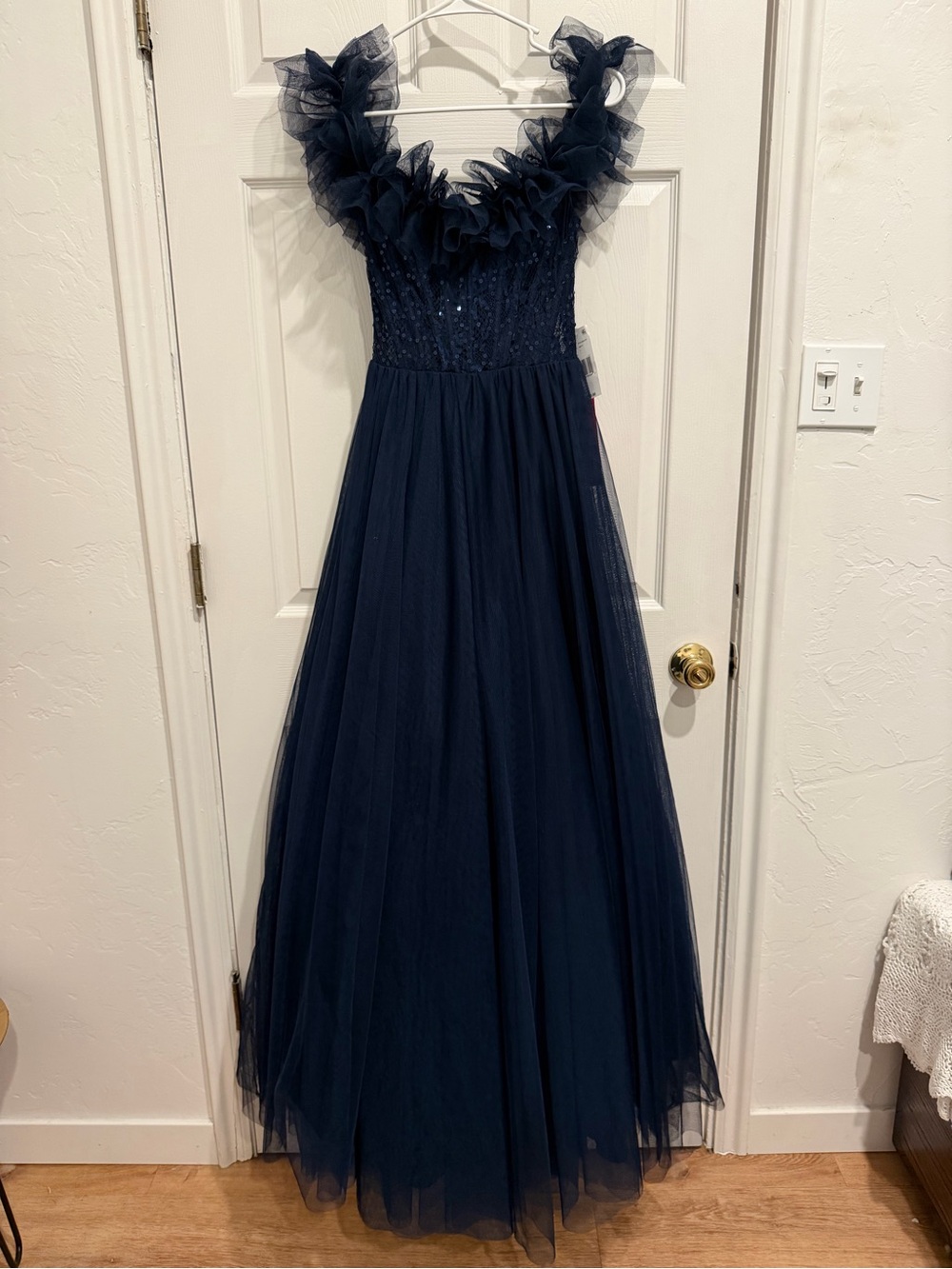 Navy Off-shoulder Ruffled Tulle Prom Formal Dress with Sequin Bodice